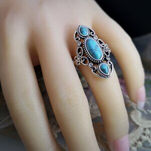 3/$35 Antique Silver Plated Ring Turquoise Blue Gemstone Metal Carved Hollow